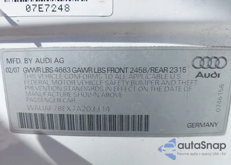 2007 Audi A4 2.0T из США, поврежденный, VIN WAUAF78EX7A203314